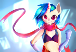 Size: 1500x1024 | Tagged: dead source, safe, artist:gianghanz, dj pon-3, vinyl scratch, anthro, g4, belly button, bra, breasts, clothes, delicious flat chest, evening gloves, female, gloves, looking at you, midriff, scarf, smiling, solo, underwear