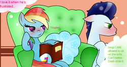 Size: 737x390 | Tagged: safe, artist:rainbows-in-reality, rainbow dash, soarin', pony, g4, blushing, couch, female, jealous soarin', male, reading, ship:soarindash, shipping, straight