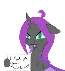 Size: 3100x3388 | Tagged: safe, artist:fatal-keystroke, oc, oc only, oc:amethyst edge, changeling, female, freckles, heterochromia, high res, purple changeling, sign, smiling, solo, tongue out
