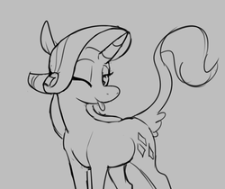 Size: 971x816 | Tagged: safe, artist:enma-darei, rarity, classical unicorn, g4, female, horn, leonine tail, monochrome, rarity month, solo, tongue out, wink