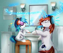 Size: 2586x2177 | Tagged: safe, artist:pridark, 33 1-3 lp, dj pon-3, long play, vinyl scratch, pony, g4, background pony, brother and sister, female, filly, filly vinyl scratch, headphones, high res, levitation, magic, male, music, sink, stallion, telekinesis, toothbrush, younger
