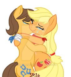 Size: 400x439 | Tagged: safe, artist:superrosey16, applejack, caramel, g4, bandana, female, kissing, male, ship:carajack, shipping, straight, watermark