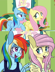 Size: 1300x1700 | Tagged: safe, artist:silbersternenlicht, fluttershy, rainbow dash, anthro, flutter brutter, g4, clothes, comparison, female, lesbian, scene interpretation, ship:flutterdash, shipping, tank top