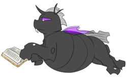 Size: 2428x1498 | Tagged: safe, artist:bloatable, oc, oc only, oc:zephyr changewing, changeling, belly, book, lying down, male, male pregnancy, pregnant, purple changeling, reading, relaxing, simple background, solo, transparent background