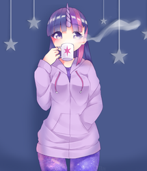 Size: 1296x1508 | Tagged: safe, artist:titou-epsilon, twilight sparkle, human, g4, clothes, coffee mug, female, hoodie, horn, horned humanization, humanized, solo