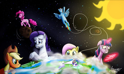 Size: 2000x1200 | Tagged: safe, artist:misiekpl, applejack, fluttershy, pinkie pie, princess celestia, rainbow dash, rarity, twilight sparkle, alicorn, pony, g4, macro, planet, tangible heavenly object, twilight sparkle (alicorn)