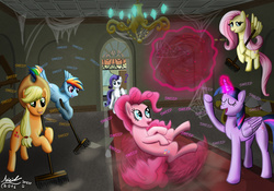 Size: 2000x1400 | Tagged: safe, artist:misiekpl, applejack, fluttershy, pinkie pie, rainbow dash, rarity, twilight sparkle, alicorn, pony, g4, the saddle row review, broom, glowing horn, horn, mane six, sweeping, sweepsweepsweep, twilight sparkle (alicorn), twilight sweeple