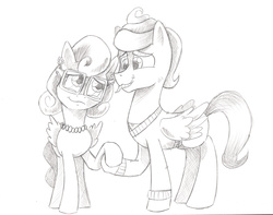 Size: 1206x948 | Tagged: safe, artist:saturdaymorningproj, gentle breeze, posey shy, flutter brutter, g4, female, grayscale, holding hooves, husband and wife, male, mare, monochrome, ship:shys, simple background, stallion, traditional art, white background
