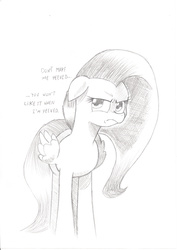 Size: 1240x1754 | Tagged: safe, artist:saturdaymorningproj, fluttershy, pony, flutter brutter, g4, female, floppy ears, fluttershy is not amused, grayscale, monochrome, peeved, simple background, solo, traditional art, white background