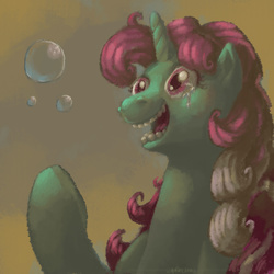 Size: 4200x4200 | Tagged: safe, artist:docwario, fizzy, pony, twinkle eyed pony, unicorn, g1, 2012, absurd resolution, bubble, crying, female, horn, mare, nightmare fuel, solo, surreal, uncanny valley