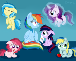Size: 2500x2000 | Tagged: safe, artist:darkynez, rainbow dash, oc, earth pony, pegasus, pony, unicorn, g4, apple, blank flank, candy, candy cane, cute, female, filly, flying, food, high res, levitation, magic, magical lesbian spawn, mama dash, mother and child, mother and daughter, offspring, parent:applejack, parent:fluttershy, parent:pinkie pie, parent:rainbow dash, parent:rarity, parent:twilight sparkle, parents:appledash, parents:flutterdash, parents:pinkiedash, parents:raridash, parents:twidash, rainbow dash gets all the mares, self-levitation, telekinesis
