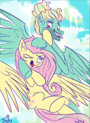 Size: 614x838 | Tagged: safe, artist:jowyb, fluttershy, zephyr breeze, pegasus, pony, flutter brutter, g4, big sister, brother and sister, cute, duo, female, male, mare, one eye closed, open mouth, signature, stallion