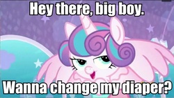 Size: 651x370 | Tagged: safe, edit, edited screencap, screencap, princess flurry heart, g4, the crystalling, baby, bedroom eyes, caption, diaper, female, image macro, impact font, implied babycon, implied foalcon, looking at you, meme, solo, text