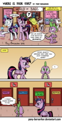 Size: 800x1570 | Tagged: safe, artist:pony-berserker, rarity, spike, twilight sparkle, oc, oc:longhaul, oc:silver sickle, oc:southern comfort, alicorn, pony, g4, bag, bathroom, bathroom sign, blushing, comic, desperation, door, frown, i can't believe it's not idw, levitation, magic, need to pee, omorashi, open mouth, pointing, potty time, raised eyebrow, speech bubble, telekinesis, toilet, twilight sparkle (alicorn), wide eyes