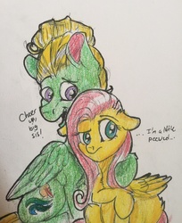 Size: 1242x1522 | Tagged: safe, fluttershy, zephyr breeze, pony, flutter brutter, g4, brother, brother and sister, colored, colored pencil drawing, colored sketch, duo, family, floppy ears, man bun, peeved, sister, traditional art