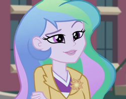 Size: 944x744 | Tagged: safe, princess celestia, principal celestia, equestria girls, g4, my little pony equestria girls: friendship games, cropped, crossed arms, lip bite, raised eyebrow, smirk