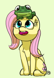 Size: 1274x1839 | Tagged: safe, artist:pabbley, fluttershy, frog, pegasus, pony, g4, chest fluff, female, folded wings, looking at something, looking up, open mouth, simple background, sitting, sitting on head, solo, wings, yellow background