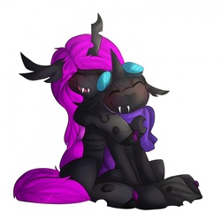 Size: 1280x1233 | Tagged: safe, artist:oddends, oc, oc only, changeling, changeling oc, clothes, cute, cuteling, eyes closed, goggles, hug, purple changeling, scarf, smiling