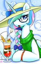 Size: 516x800 | Tagged: dead source, safe, artist:aoi takayuki, princess celestia, alicorn, pony, g4, alternate hairstyle, braid, clothes, eating, female, food, glasses, hat, ice cream, looking at you, sleeveless turtleneck, solo, sweater, turtleneck, watch