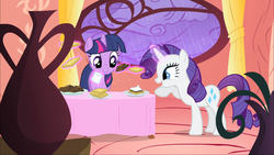 Size: 1920x1080 | Tagged: safe, screencap, rarity, twilight sparkle, pony, g4, look before you sleep, food, glowing horn, golden oaks library, horn, magic, rarity looking at food, s'mores, telekinesis