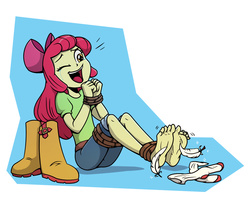 Size: 1000x800 | Tagged: safe, artist:chaoskomori, artist:coffeeburger, apple bloom, equestria girls, g4, barefoot, bondage, boots, clothes, crying, feet, female, foot fetish, foot focus, laughing, open mouth, shoes, socks, solo, tears of laughter, tickle torture, tickling