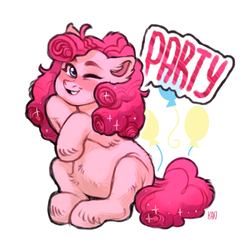 Size: 1280x1294 | Tagged: safe, artist:kapusha-blr, pinkie pie, g4, belly fluff, blushing, chubby, cute, cutie mark, diapinkes, ear fluff, female, leg fluff, one eye closed, one word, smiling, solo, sparkles