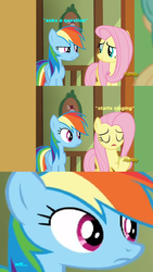 Size: 636x1125 | Tagged: safe, screencap, fluttershy, rainbow dash, pony, flutter brutter, g4, my little pony: friendship is magic, discovery family logo, random singing time, wtf