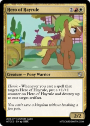 Size: 375x523 | Tagged: safe, derpibooru exclusive, quarter hearts, earth pony, pony, flutter brutter, g4, blaze (coat marking), card, coat markings, facial markings, hat, link, magic the gathering, pun, rupee, smirk, solo, the legend of zelda, trotting