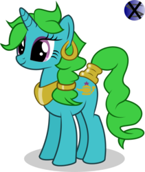 Size: 458x543 | Tagged: safe, artist:xaxu-slyph, oc, oc only, oc:wishy washy, genie, pony, unicorn, bangles, cutie mark, ear piercing, earring, green mane, piercing, simple background, solo, transparent background, vector