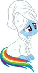 Size: 3144x6000 | Tagged: safe, artist:slb94, rainbow dash, pegasus, pony, g4, bathrobe, blushing, clothes, cute, dashabetes, embarrassed, female, frown, nervous, robe, show accurate, simple background, sitting, solo, towel, towel on head, transparent background, vector
