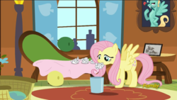 Size: 1920x1080 | Tagged: safe, screencap, fluttershy, zephyr breeze, pegasus, pony, flutter brutter, g4, season 6, discovery family logo, female, fluttershy is not amused, frown, lidded eyes, mare, mouth hold, solo, spread wings, tissue, you know for kids