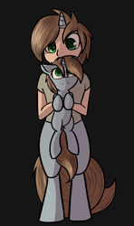 Size: 679x1149 | Tagged: safe, artist:neuro, oc, oc only, oc:littlepip, oc:sharp shot, pony, satyr, unicorn, fallout equestria, black background, colored pupils, cute, female, floppy ears, holding a pony, mare, mother and daughter, offspring, parent:oc:littlepip, simple background, smiling