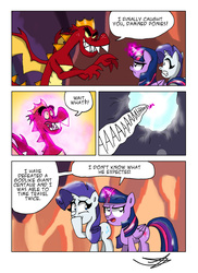 Size: 1024x1408 | Tagged: safe, artist:ringteam, garble, rarity, twilight sparkle, alicorn, dragon, pony, g4, gauntlet of fire, blasting off again, comic, garblebuse, glowing, glowing horn, horn, power levels are bullshit, to the moon, twilight sparkle (alicorn)