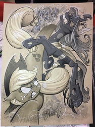 Size: 768x1024 | Tagged: safe, artist:andypriceart, applejack, queen chrysalis, changeling, changeling queen, earth pony, pony, g4, andy you magnificent bastard, buck, female, kick, mare, monochrome, trading card, traditional art