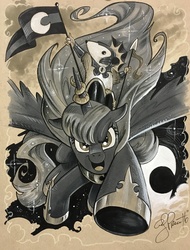 Size: 2760x3624 | Tagged: safe, artist:andypriceart, princess luna, tiberius, alicorn, pony, g4, epic, female, high res, horseshoes, mare, monochrome, open mouth, traditional art