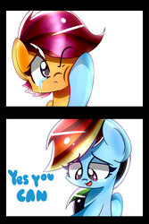 Size: 1200x1800 | Tagged: dead source, safe, artist:artypaints, rainbow dash, scootaloo, pegasus, pony, g4, crying, dialogue, duo, scootalove, simple background, white background