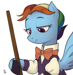 Size: 609x622 | Tagged: safe, artist:ehfa, rainbow dash, snowdash, pegasus, pony, a hearth's warming tail, g4, bowtie, broom, clothes, female, looking down, mare, rainbow dash always dresses in style, shirt, solo, waistcoat