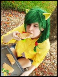 Size: 1508x2000 | Tagged: safe, artist:krazykari, apple fritter, human, g4, apple family member, apple fritter (food), clothes, cosplay, costume, food, irl, irl human, photo, solo