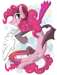 Size: 2550x3300 | Tagged: safe, artist:okapifeathers, pinkie pie, draconequus, g4, draconequified, female, high res, pinkonequus, simple background, solo, species swap, xk-class end-of-the-world scenario