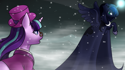 Size: 3200x1803 | Tagged: dead source, safe, artist:ponyinsideme, princess luna, snowfall frost, spirit of hearth's warming yet to come, starlight glimmer, a hearth's warming tail, g4, cloak, clothes, magic, snow, snowfall