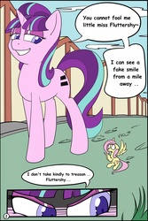 Size: 853x1280 | Tagged: safe, artist:gtsdev, fluttershy, starlight glimmer, pony, comic:spyshy, g4, the cutie map, comic, dialogue, micro, ship:glimmershy, shrinking, shrunk, size difference, speech bubble