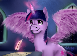 Size: 2750x2000 | Tagged: safe, artist:wolfyv, twilight sparkle, alicorn, pony, g4, dear princess celestia, female, fluffy, glowing horn, high res, horn, letter, magic, night, quill, scroll, smiling, solo, spread wings, telekinesis, twilight sparkle (alicorn)