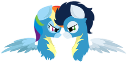 Size: 1024x498 | Tagged: artist needed, source needed, safe, artist:iceagelover, rainbow dash, soarin', pegasus, pony, g4, bust, clothes, female, male, ship:soarindash, shipping, simple background, straight, uniform, white background, wonderbolts uniform