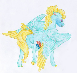 Size: 3537x3372 | Tagged: safe, artist:dawn22eagle, zephyr breeze, pegasus, pony, flutter brutter, g4, colored pencil drawing, colored wings, colored wingtips, high res, male, solo, stallion, tail feathers, traditional art
