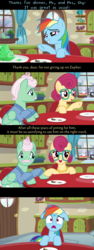 Size: 960x2560 | Tagged: safe, edit, edited screencap, screencap, gentle breeze, posey shy, rainbow dash, squirrel, flutter brutter, g4, caption, clothes, cloudsdale, comic, female, floppy ears, food, glasses, holding hooves, horrified, implied crush, male, necklace, pointing, screencap comic, ship:shys, ship:zephdash, shipper on deck, shipping, sink, smiling, statue, straight, sweater, table, text