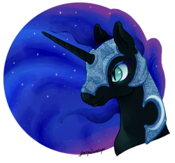 Size: 1280x1192 | Tagged: safe, artist:spectralunicorn, nightmare moon, alicorn, pony, g4, bust, chanfron, ethereal mane, eyeshadow, female, helmet, makeup, mare, portrait, solo, stars