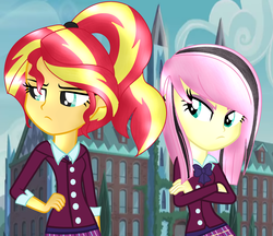 Size: 2520x2176 | Tagged: safe, artist:yulianapie26, fluttershy, sunset shimmer, equestria girls, g4, alternate universe, clothes, clothes swap, crystal prep academy, crystal prep academy uniform, high res, school uniform