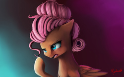 Size: 1920x1200 | Tagged: safe, artist:miokomata, fluttershy, flutter brutter, g4, alternate hairstyle, angry, female, fluttershy is not amused, open mouth, raised hoof, signature, solo