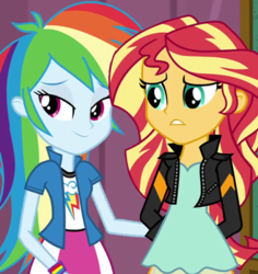 Size: 330x350 | Tagged: safe, screencap, rainbow dash, sunset shimmer, equestria girls, g4, my little pony equestria girls: friendship games, cropped, female