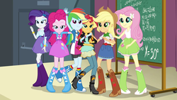 Size: 1280x720 | Tagged: safe, screencap, applejack, fluttershy, pinkie pie, rainbow dash, rarity, sunset shimmer, equestria girls, g4, my little pony equestria girls: friendship games, female